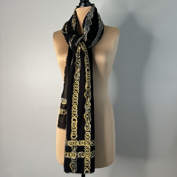 Black Chain Oversized Scarf Wrap Throw Fringe Soft Cozy Fall - Picture 5 of 7